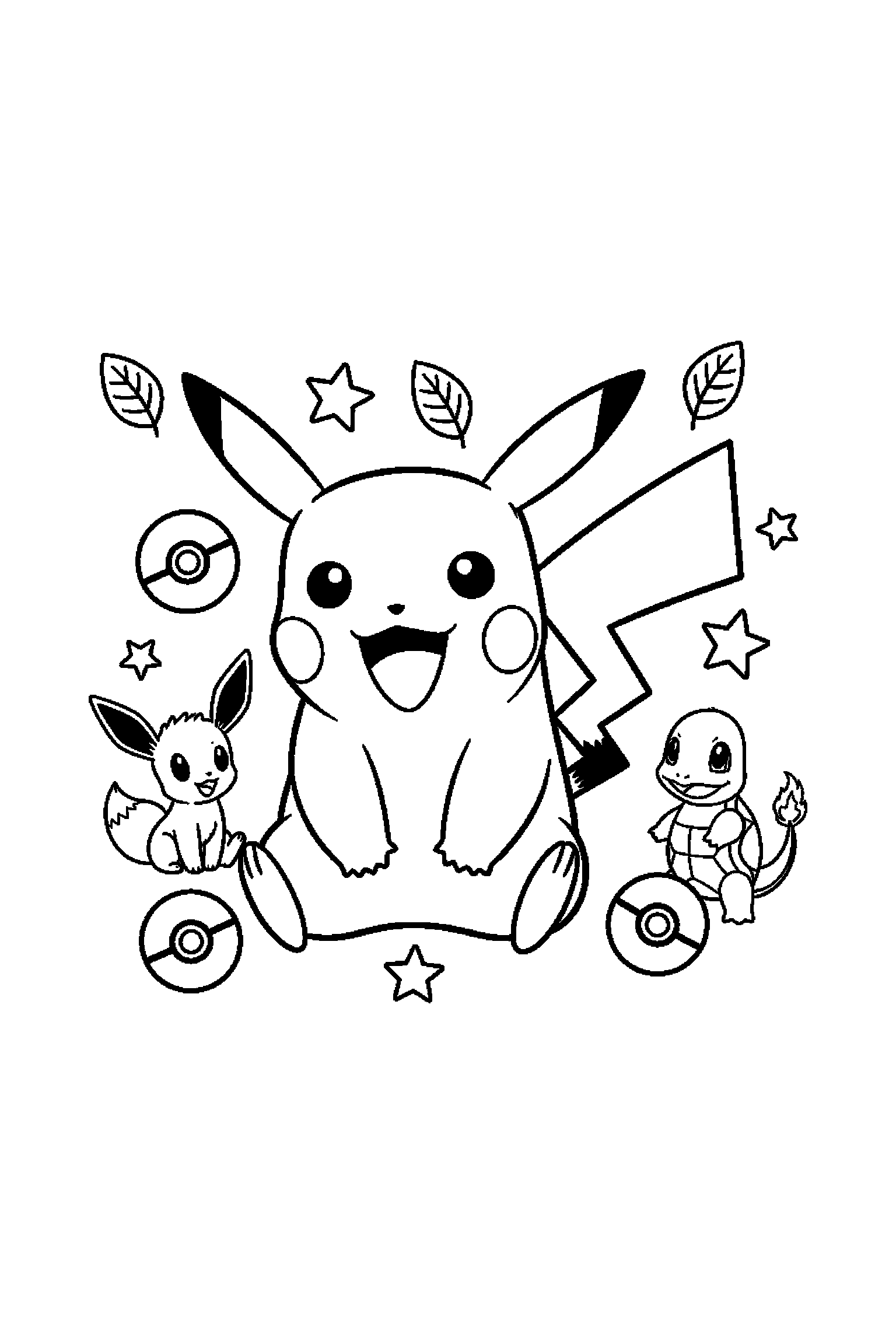 Coloriage Pokémon gratuit à imprimer : Pikachu assis qui sourit de tout son cœur