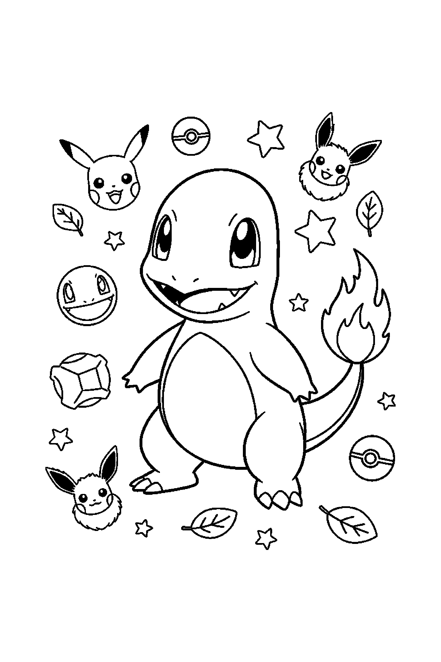 Coloriage Pokémon gratuit à imprimer : Salameche seul debout avec flamme simple et grands contours