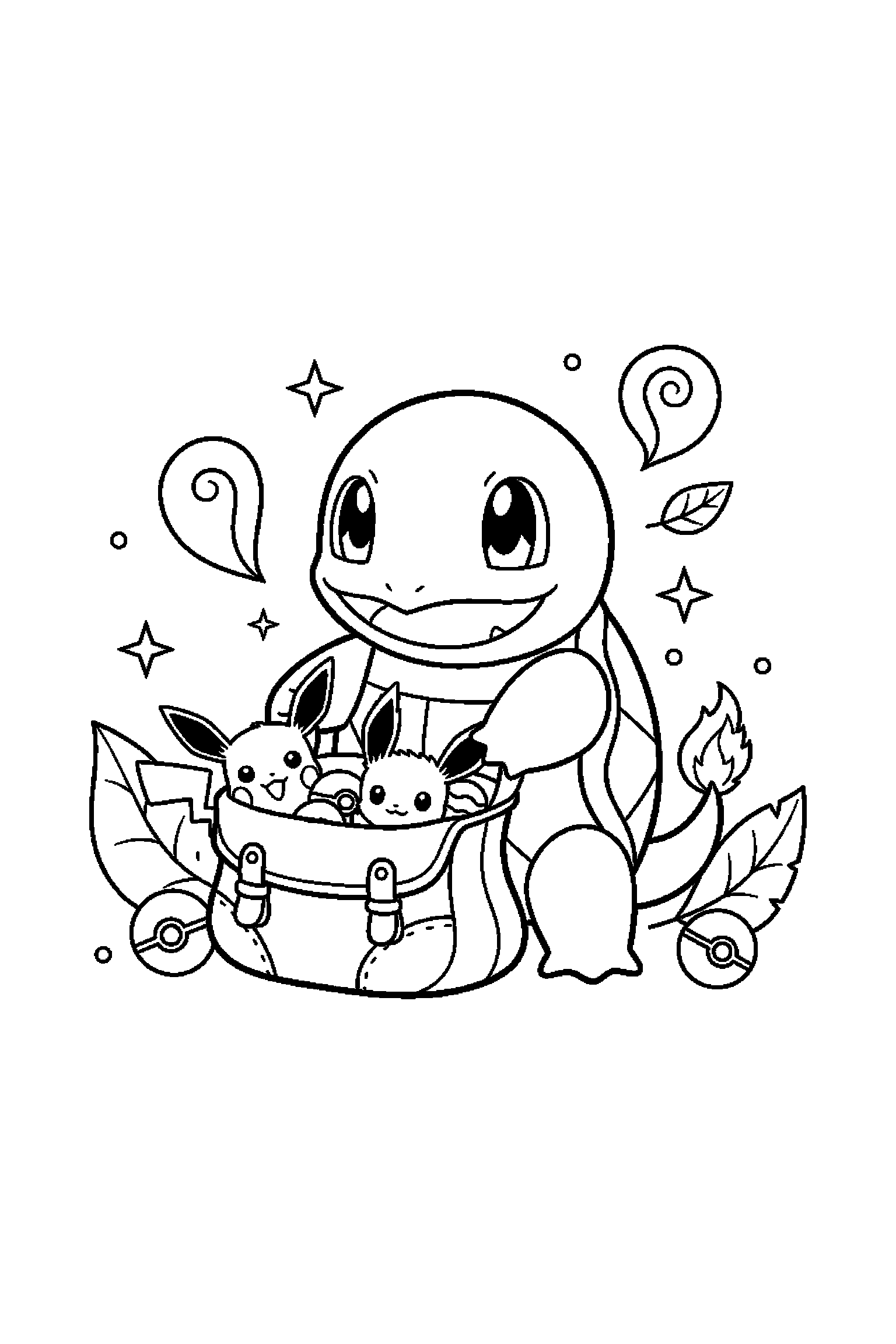 Coloriage Pokémon gratuit à imprimer : Carapuce tenant un sac d'aventure