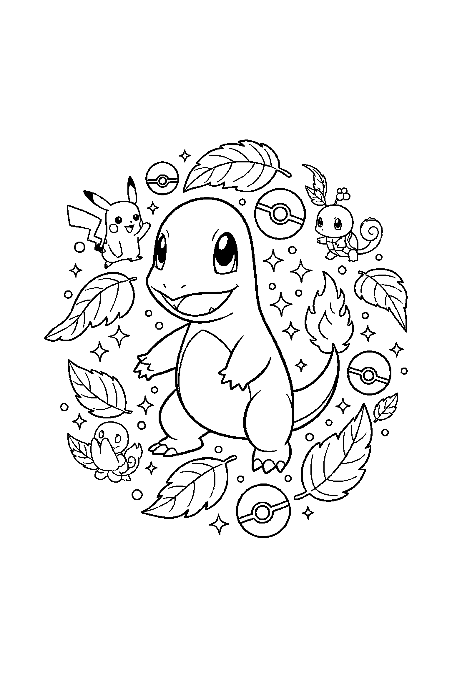 Coloriage Pokémon gratuit à imprimer : Salamèche avec feuilles autour de lui