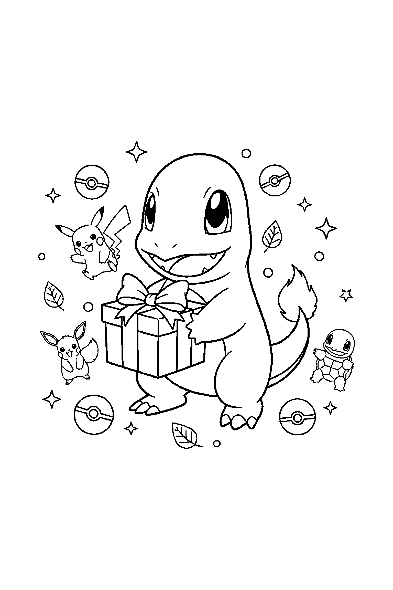Coloriage Pokémon gratuit à imprimer : Salamèche avec un cadeau fermé