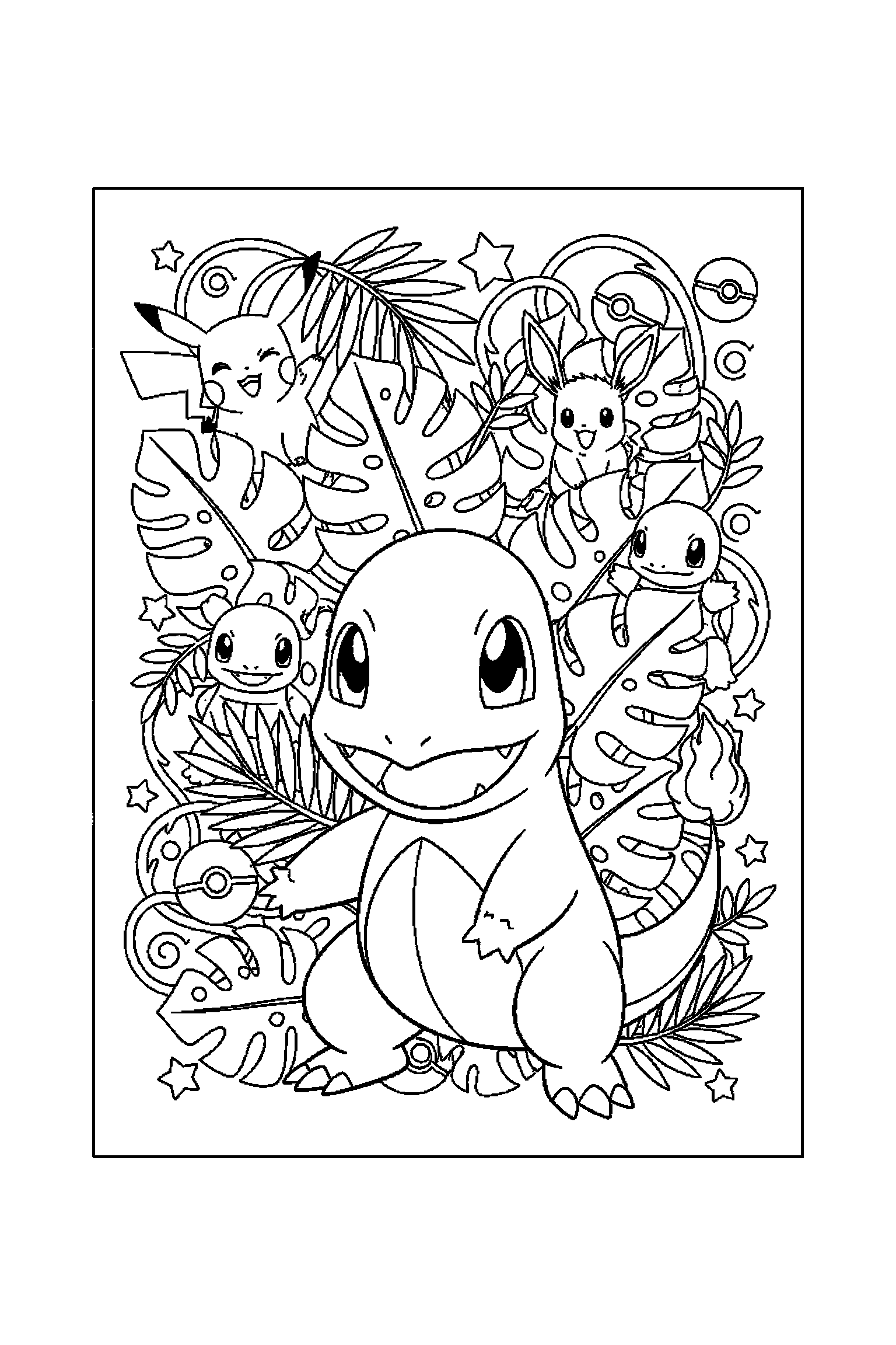 Coloriage Pokémon gratuit à imprimer : Salamèche souriant devant un grand motif feuilles