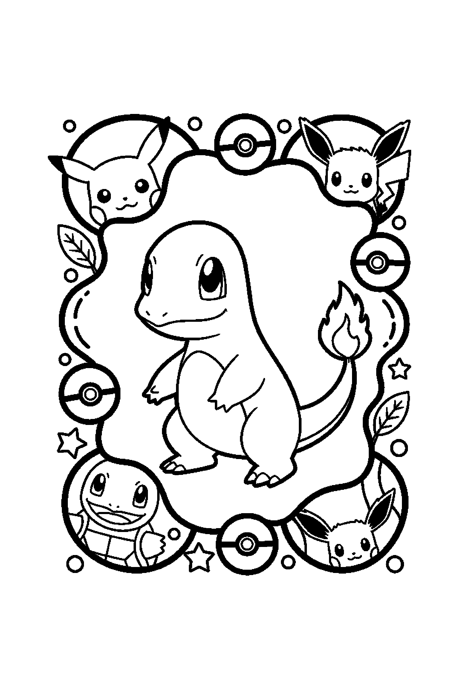 Coloriage Pokémon gratuit à imprimer : Salamèche entouré de grands contours arrondis