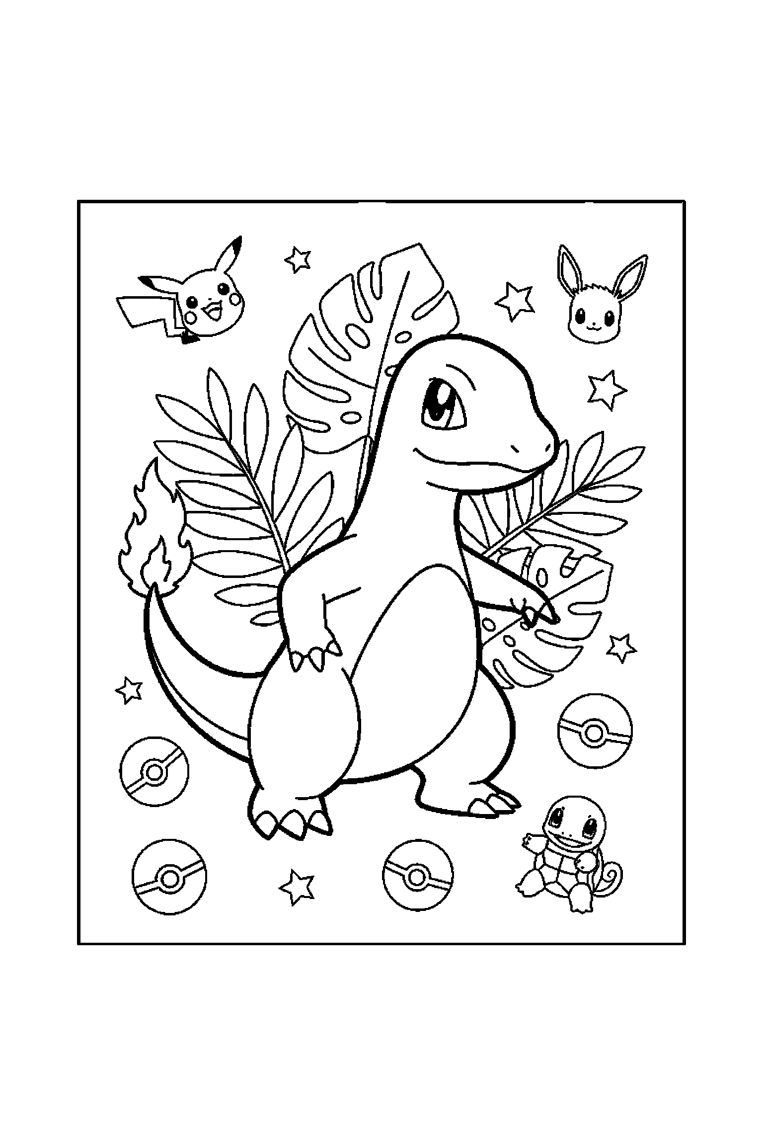 Coloriage Pokémon gratuit à imprimer : Salamèche au centre avec feuilles en arrière-plan