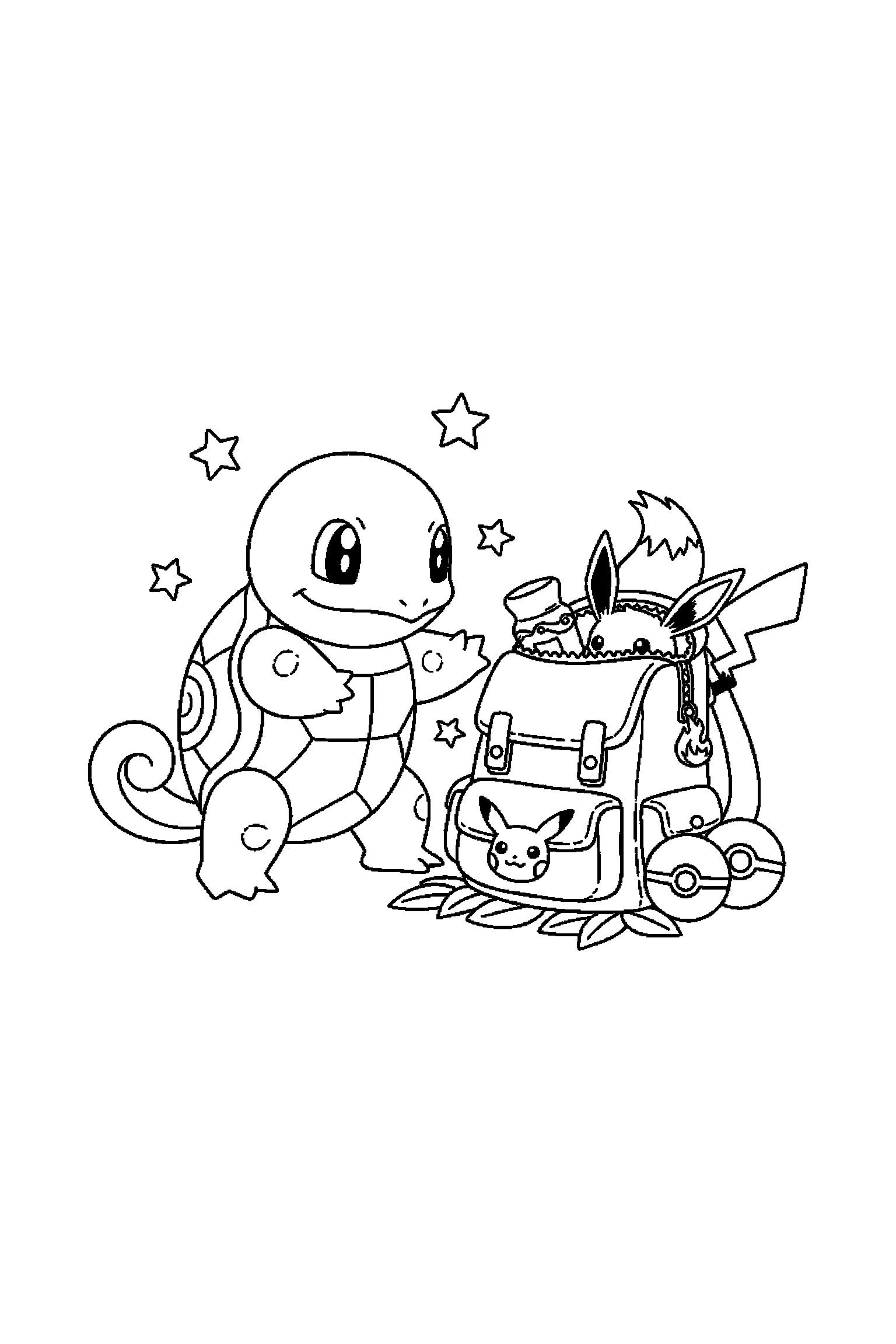 Coloriage Pokémon gratuit à imprimer : Carapuce qui regarde un sac d'aventure