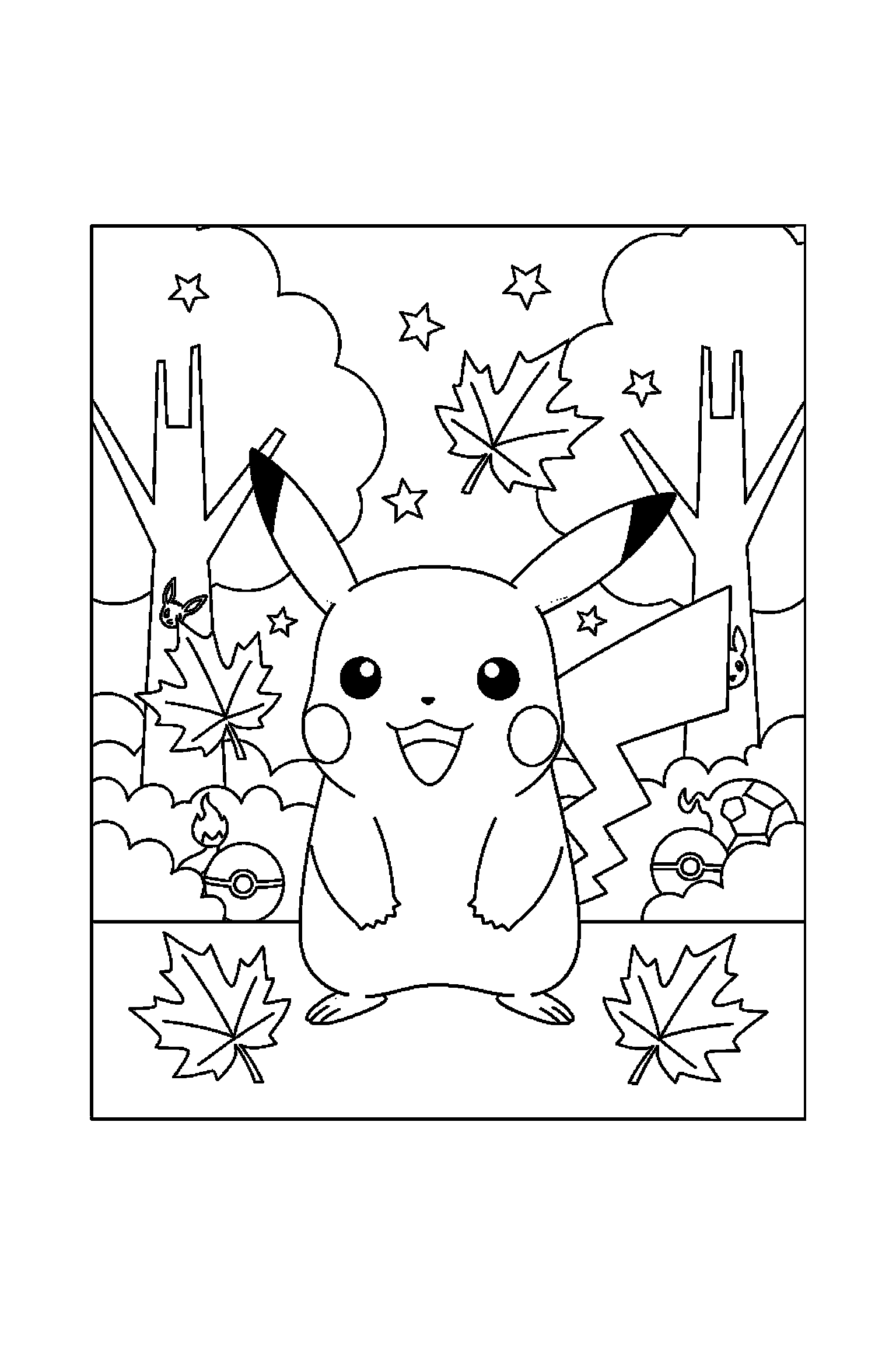 Coloriage Pokémon gratuit à imprimer : Pikachu seul dans un parc simple avec trois feuilles