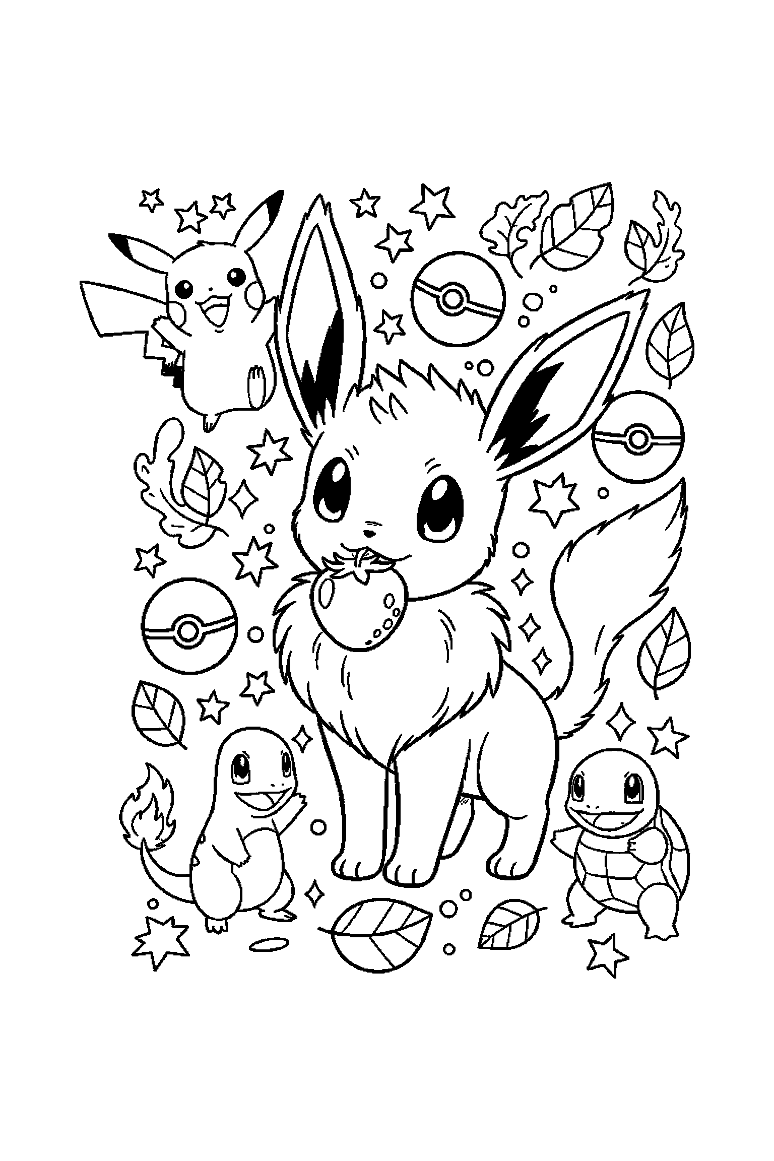 Coloriage Pokémon gratuit à imprimer : Évoli avec une baie et des motifs étoiles