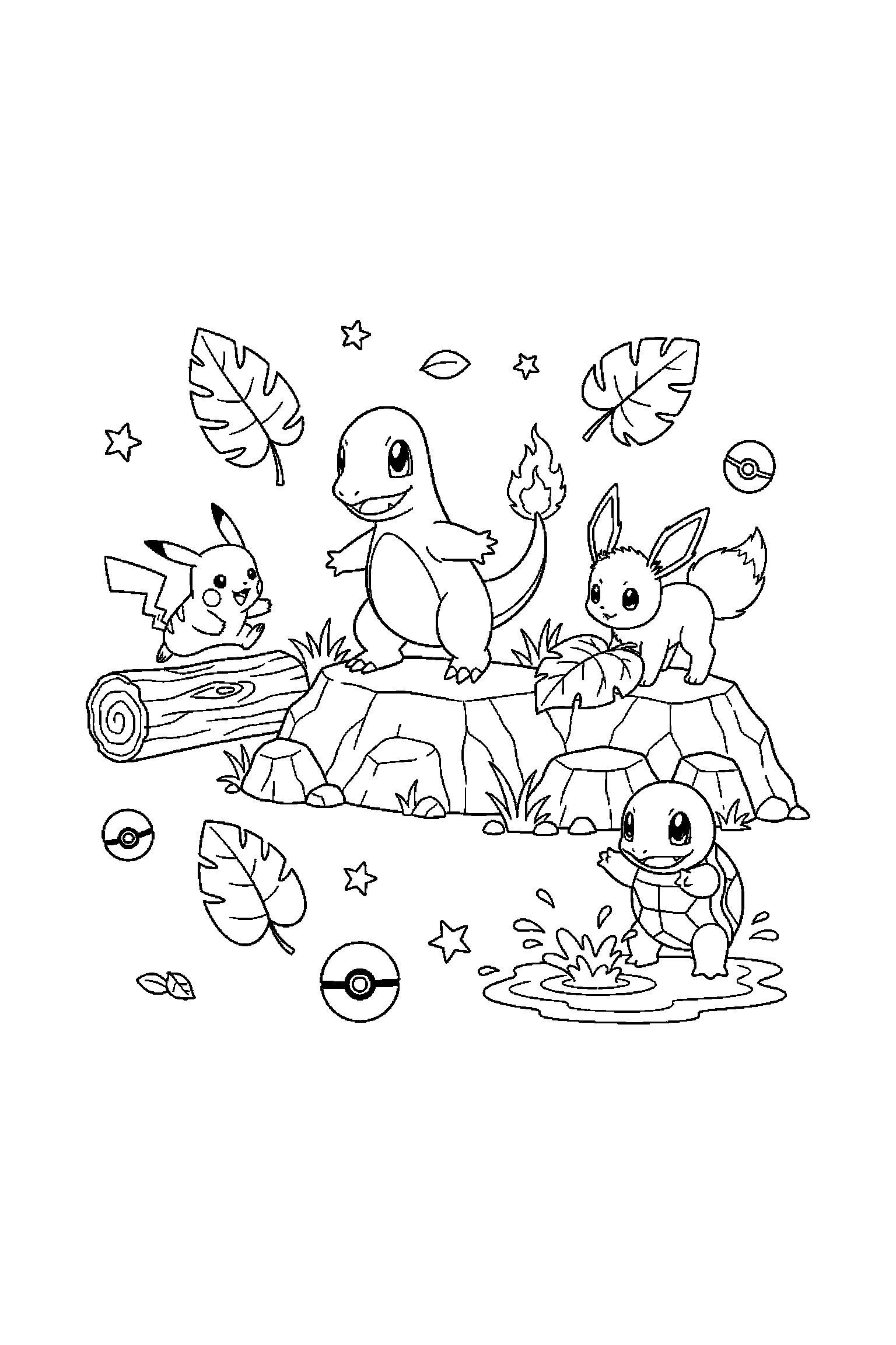 Coloriage Pokémon gratuit à imprimer : Salamèche en petite scène d'aventure