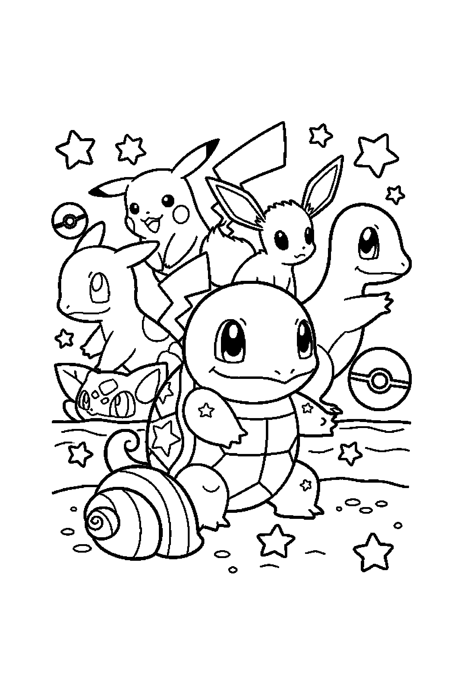 Coloriage Pokémon gratuit à imprimer : Carapuce seul sur une plage simple avec coquillage
