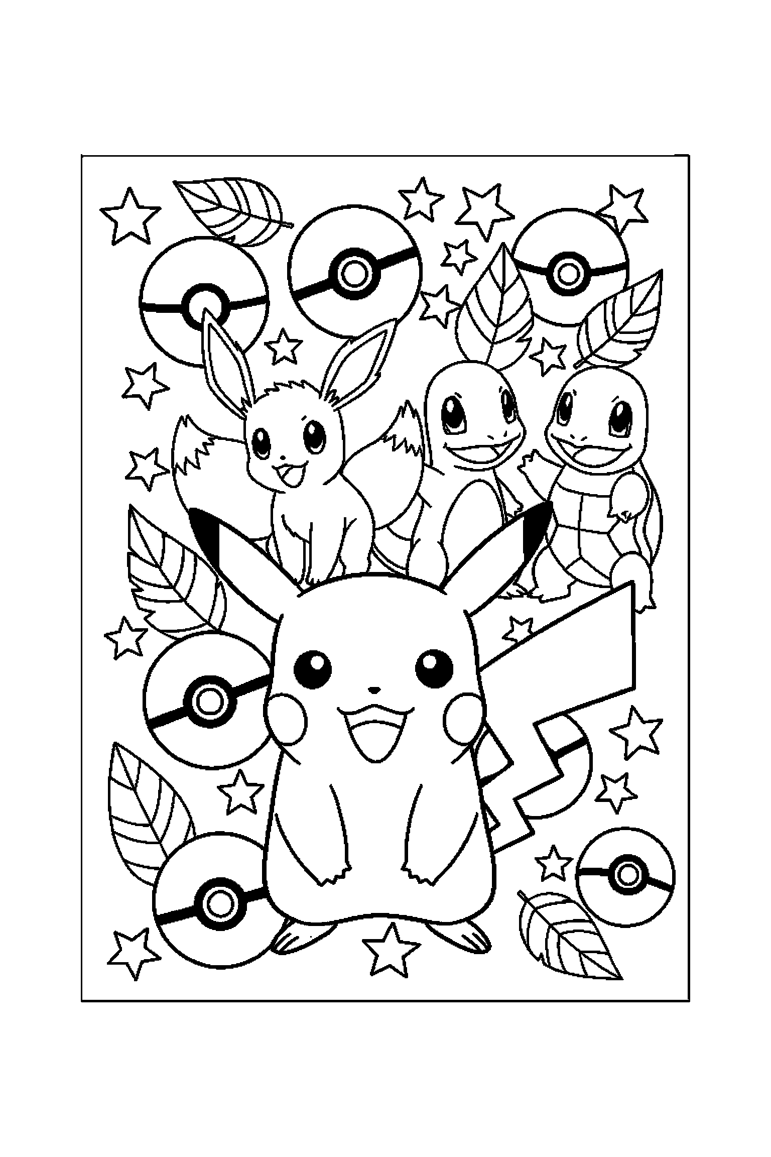 Coloriage Pokémon gratuit à imprimer : Pikachu devant un fond décoré avec Poké Balls