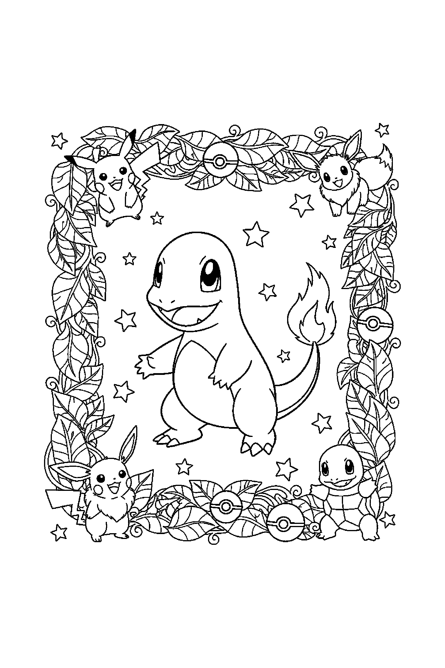 Coloriage Pokémon gratuit à imprimer : Salamèche entouré par des motifs feuilles