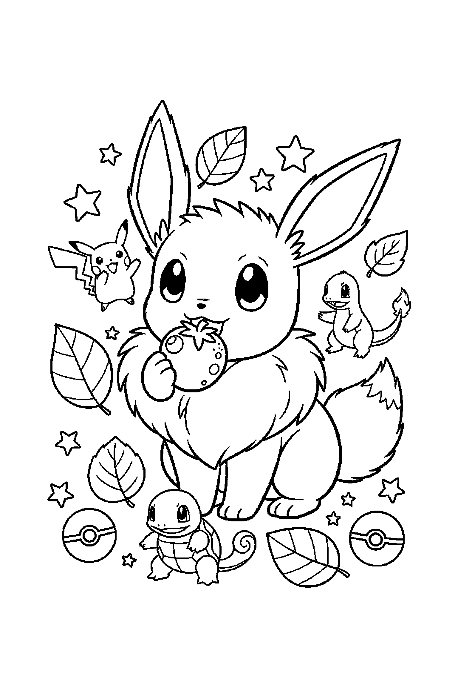 Coloriage Pokémon gratuit à imprimer : Évoli avec une baie sur un fond clair