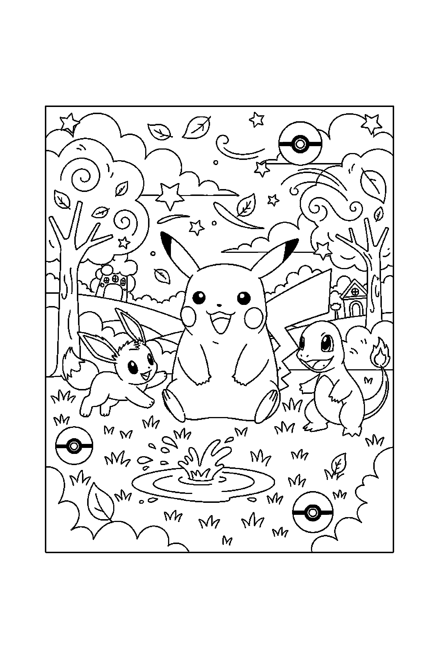 Coloriage Pokémon gratuit à imprimer : Pikachu dans un parc avec plusieurs détails