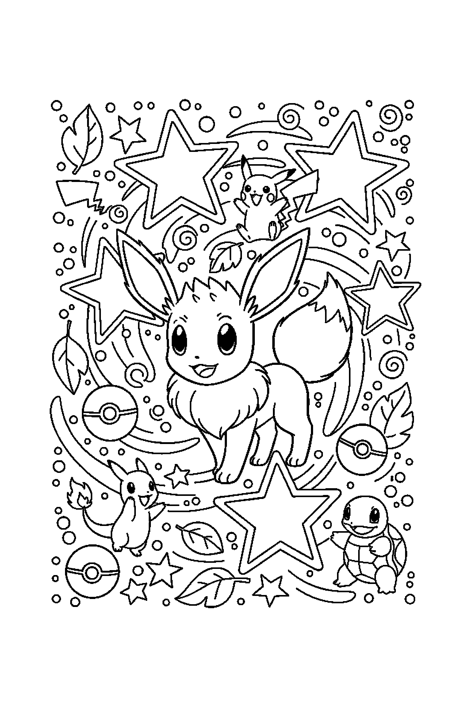 Coloriage Pokémon gratuit à imprimer : Évoli entouré par des motifs étoiles et de petits objets