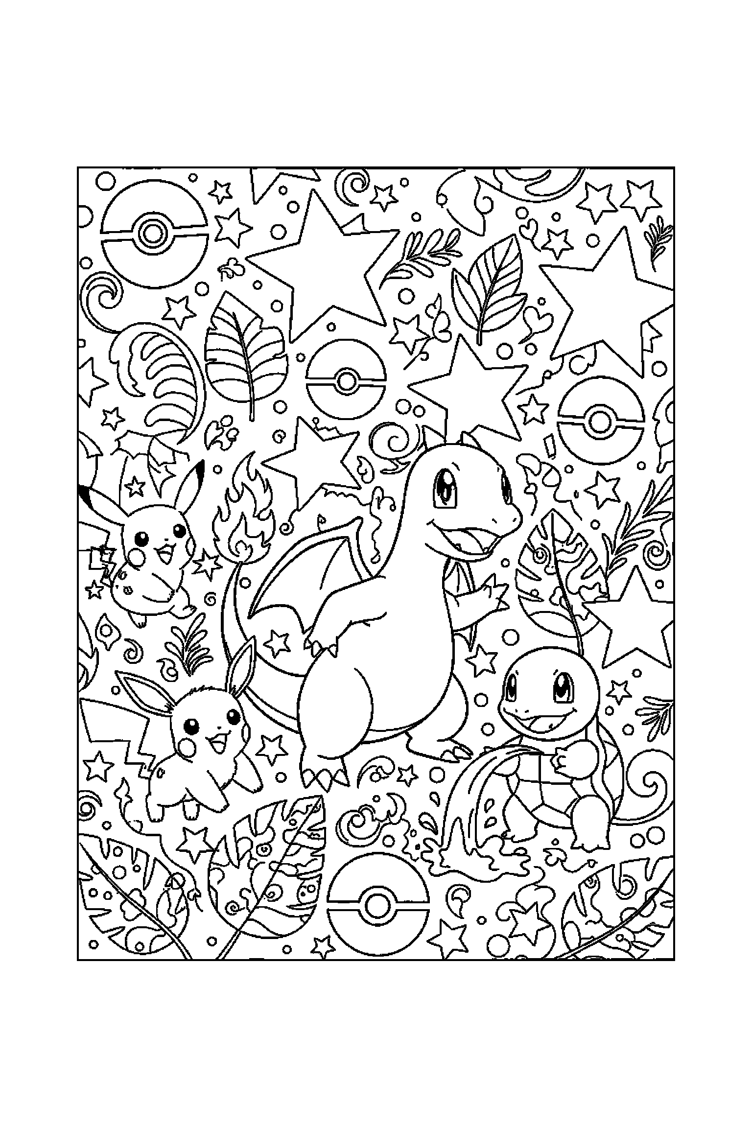Coloriage Pokémon gratuit à imprimer : scène verticale avec Salamèche et les Pokémon