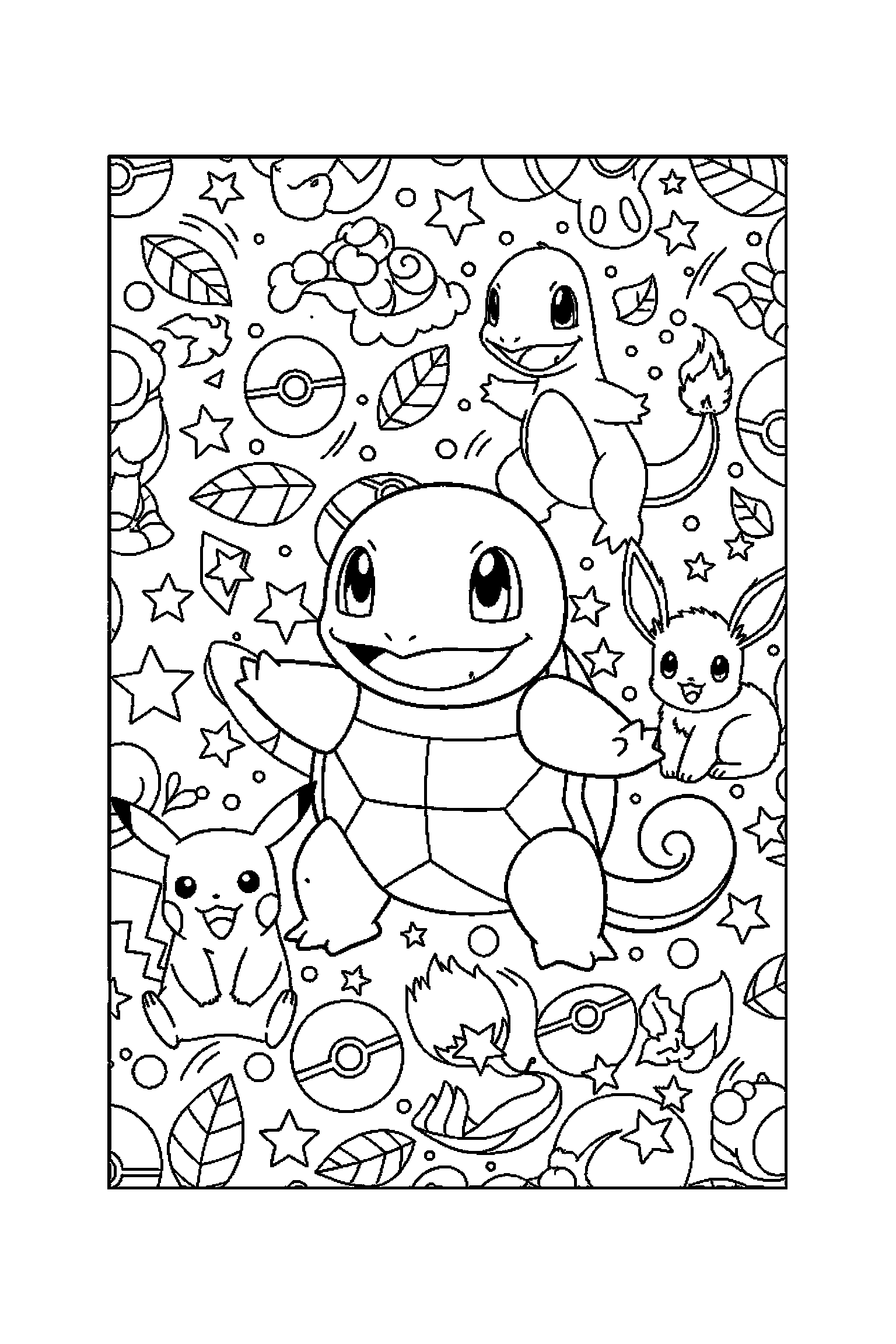 Coloriage Pokémon gratuit à imprimer : Carapuce au centre d'un décor riche mais lisible