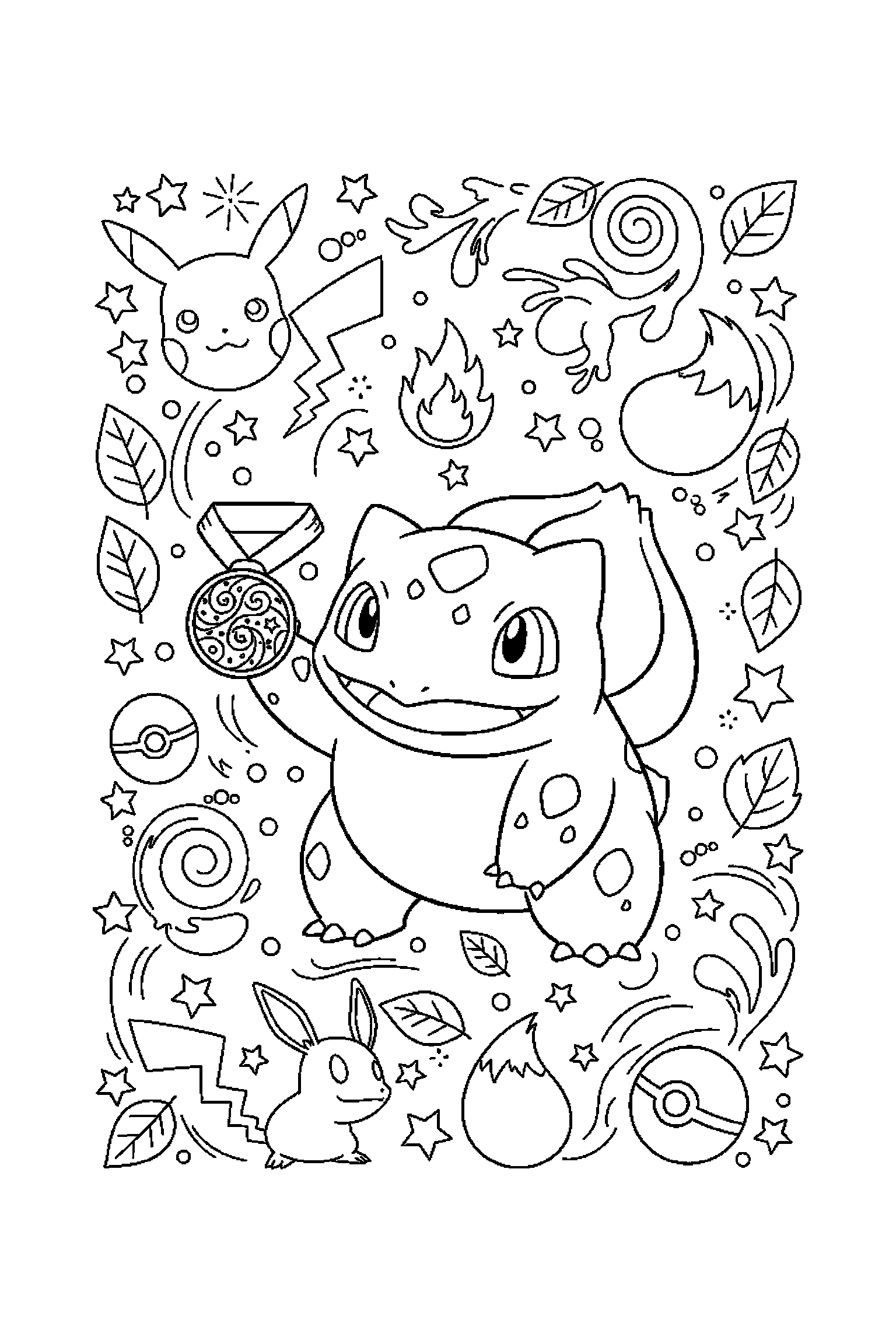 Coloriage Pokémon gratuit à imprimer : Bulbizarre seul avec une medaille ronde et decor clair
