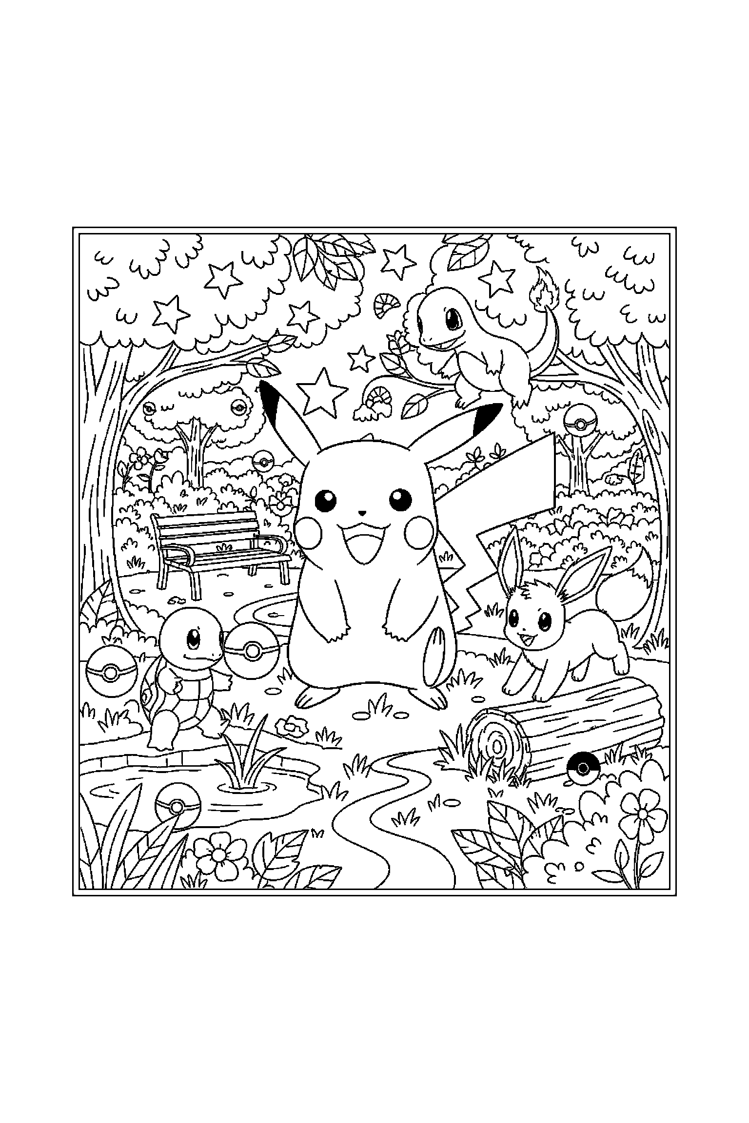 Coloriage Pokémon gratuit à imprimer : Pikachu avec décor détaillé de un parc