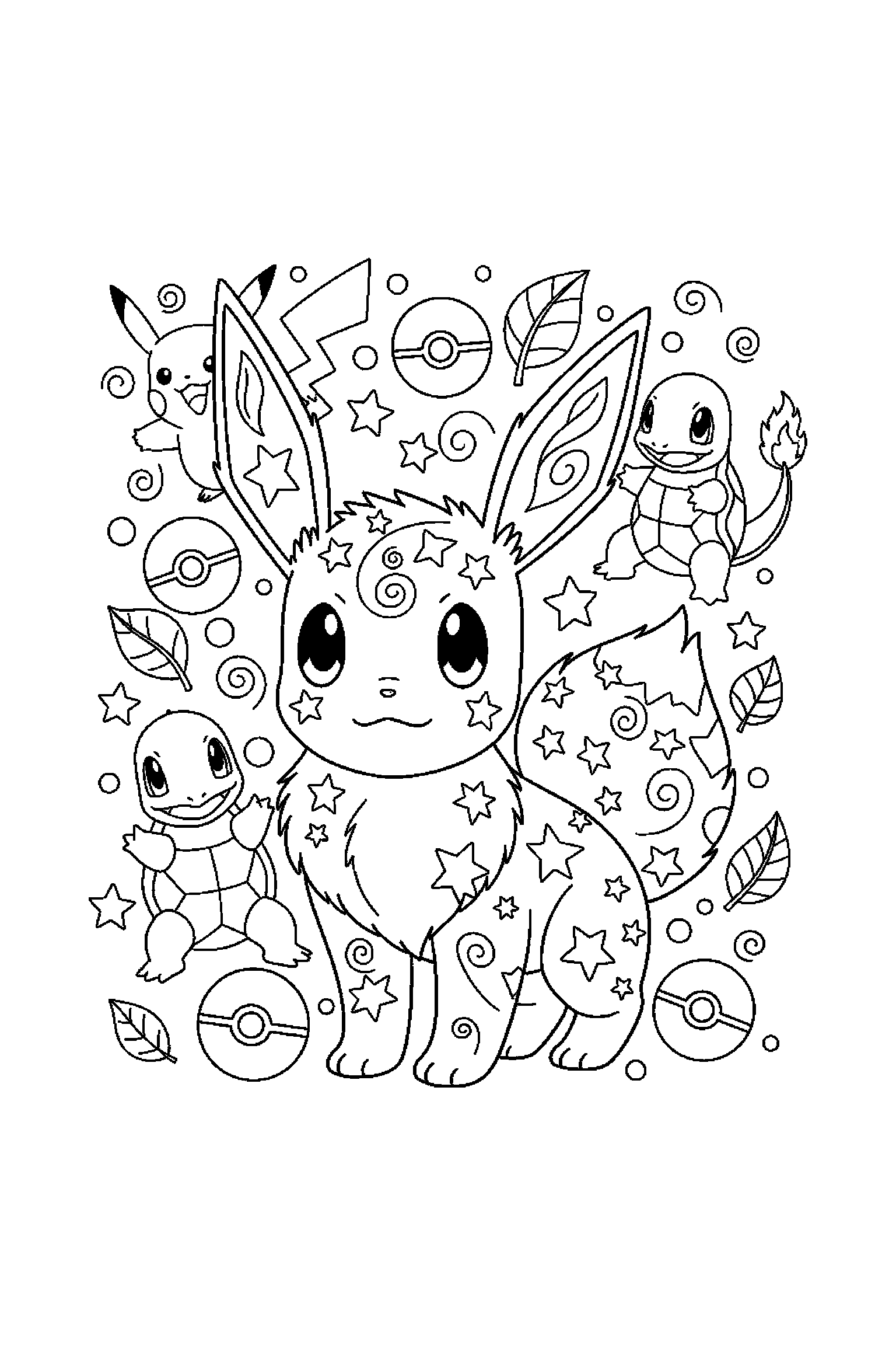 Coloriage Pokémon gratuit à imprimer : portrait détaillé de Évoli avec motifs étoiles