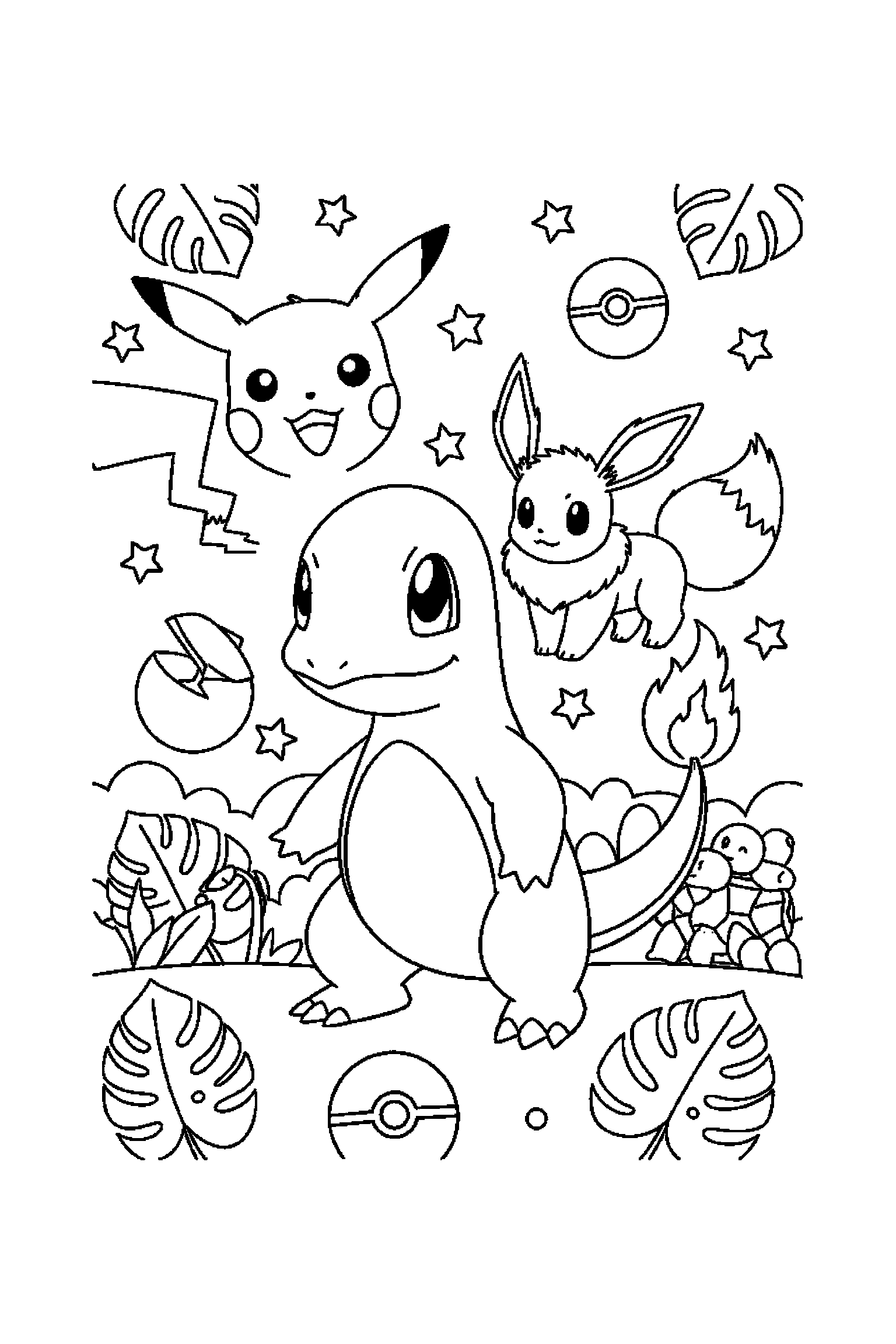 Coloriage Pokémon gratuit à imprimer : Salameche seul dans une scene verticale simple avec etoiles