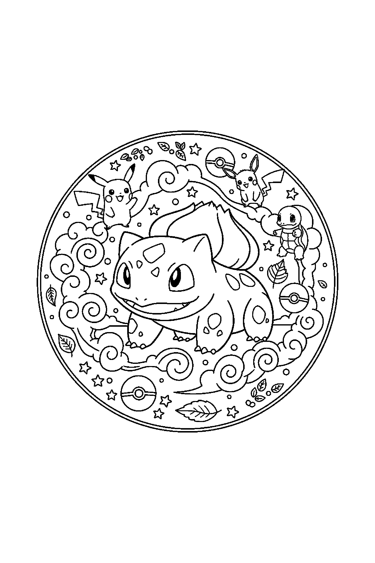 Coloriage Pokémon gratuit à imprimer : Bulbizarre entouré de nuages et petits détails