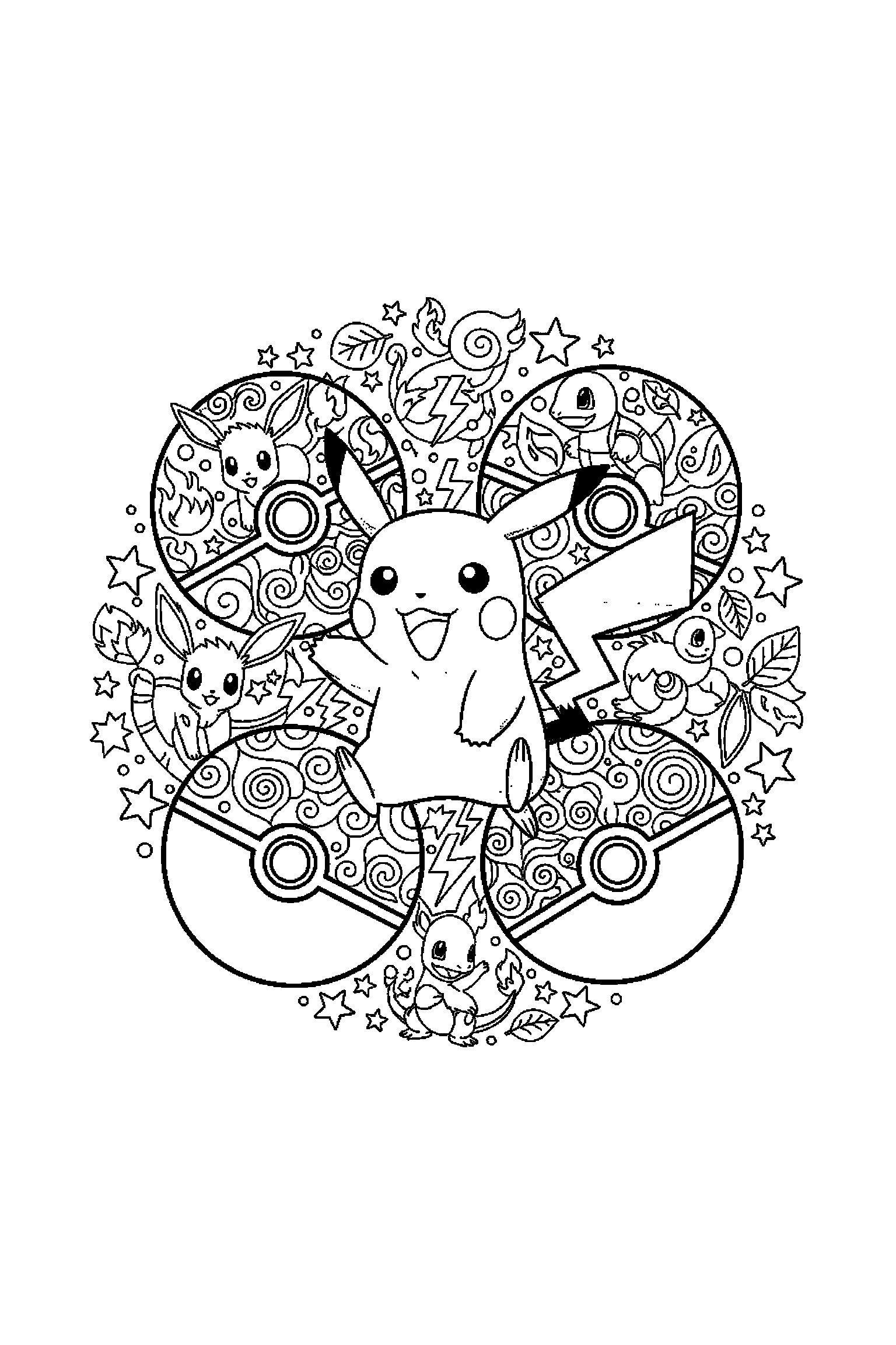 Coloriage Pokémon gratuit à imprimer : poster A4 détaillé de Pikachu avec mandala Poké Balls