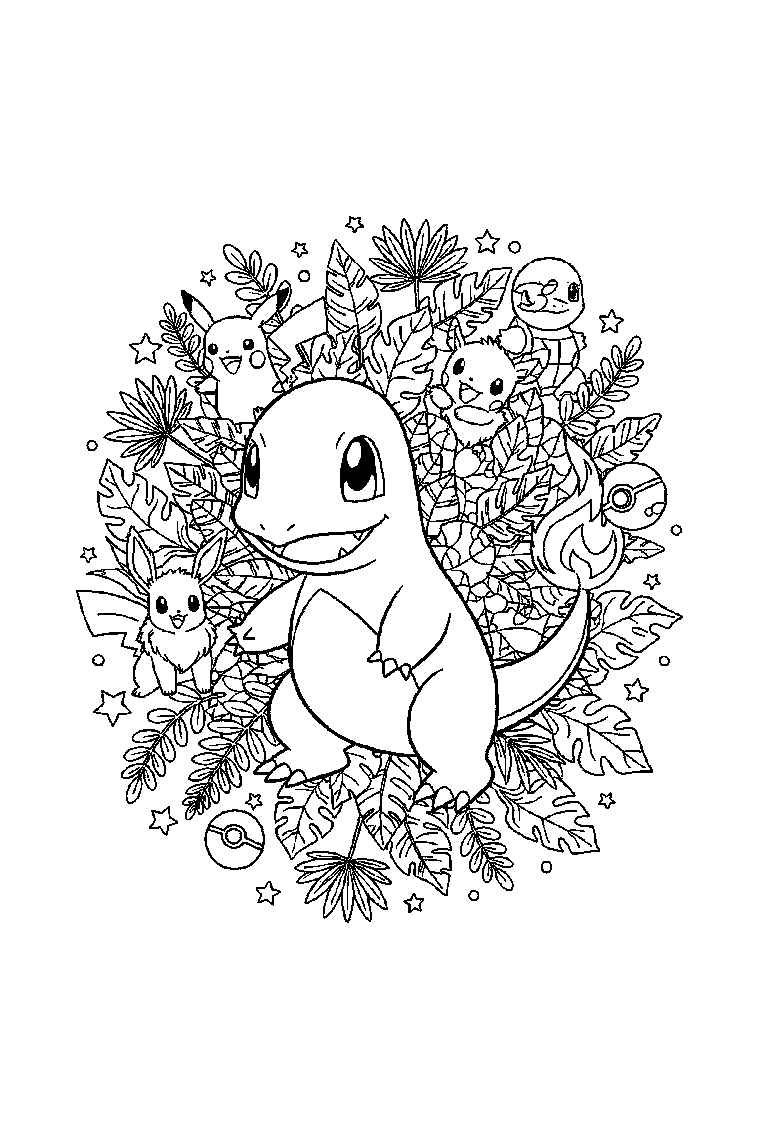 Coloriage Pokémon gratuit à imprimer : motif difficile de feuilles autour de Salamèche