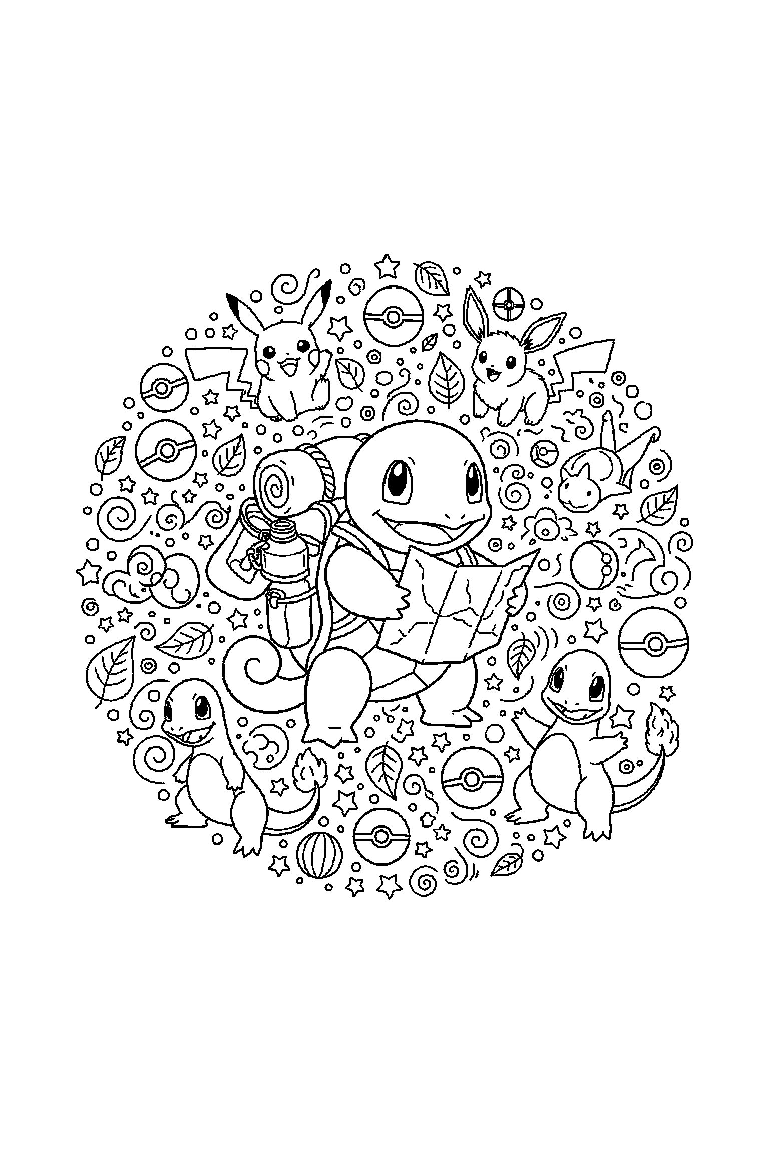 Coloriage Pokémon gratuit à imprimer : scène verticale détaillée avec Carapuce et un sac d'aventure