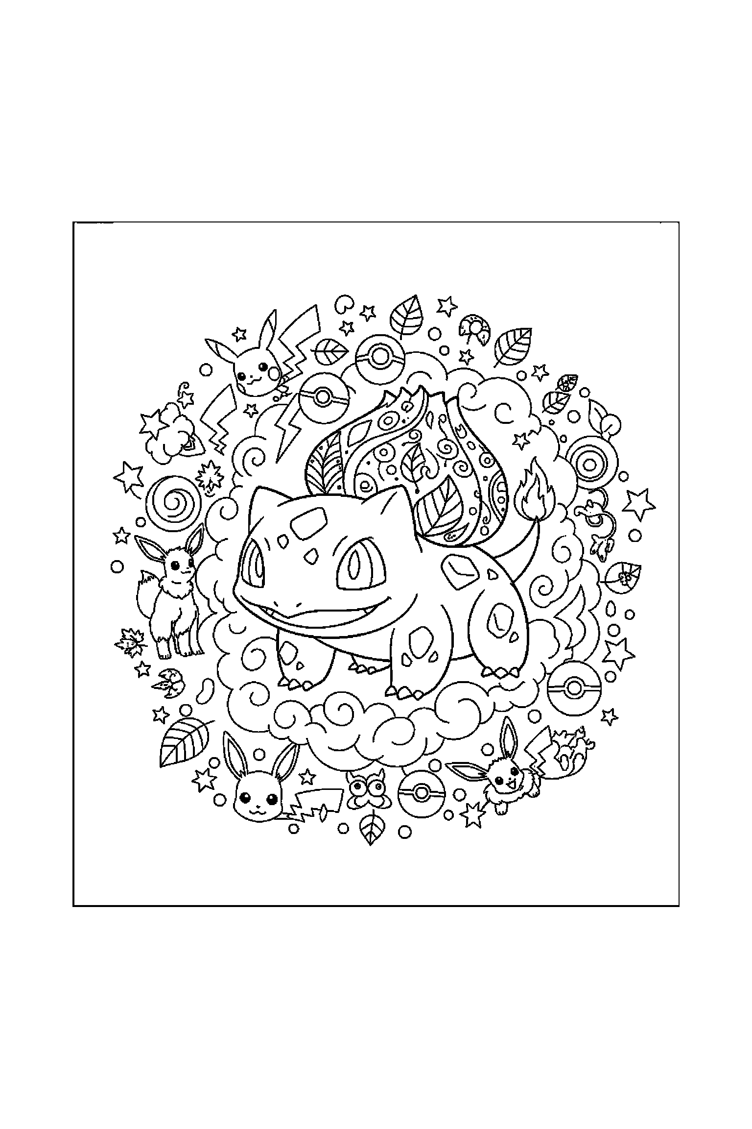 Coloriage Pokémon gratuit à imprimer : grand coloriage détaillé de Bulbizarre avec nuages
