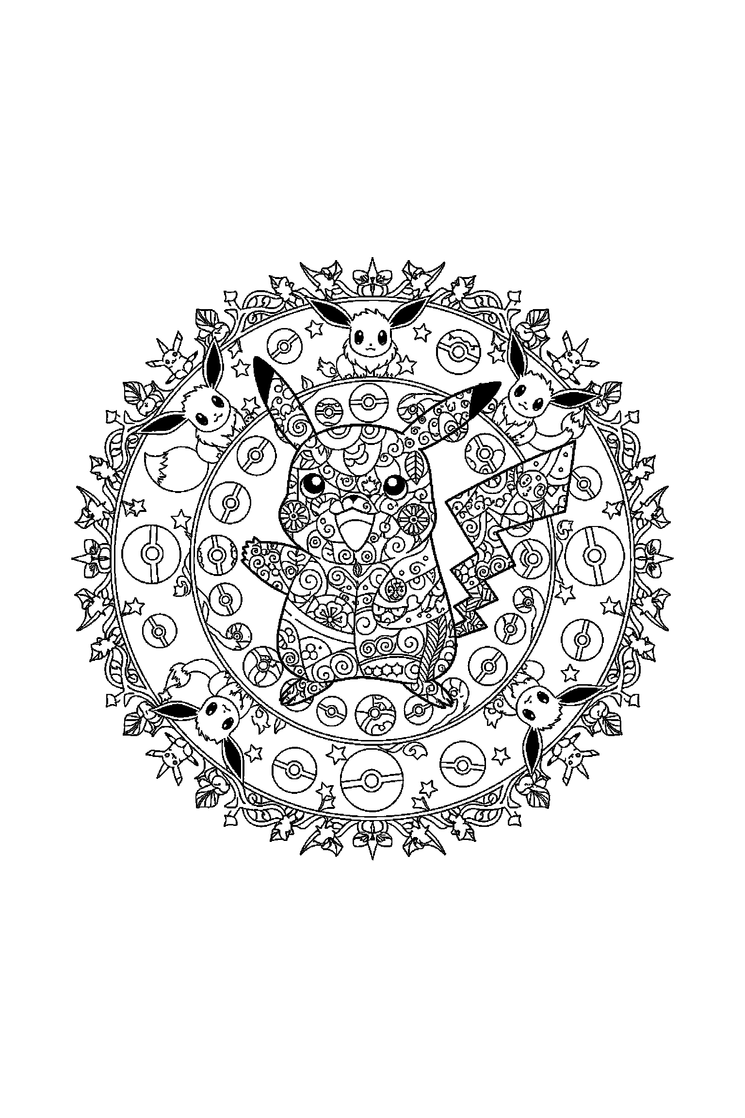 Coloriage Pokémon gratuit à imprimer : poster A4 détaillé de Pikachu avec mandala Poké Balls