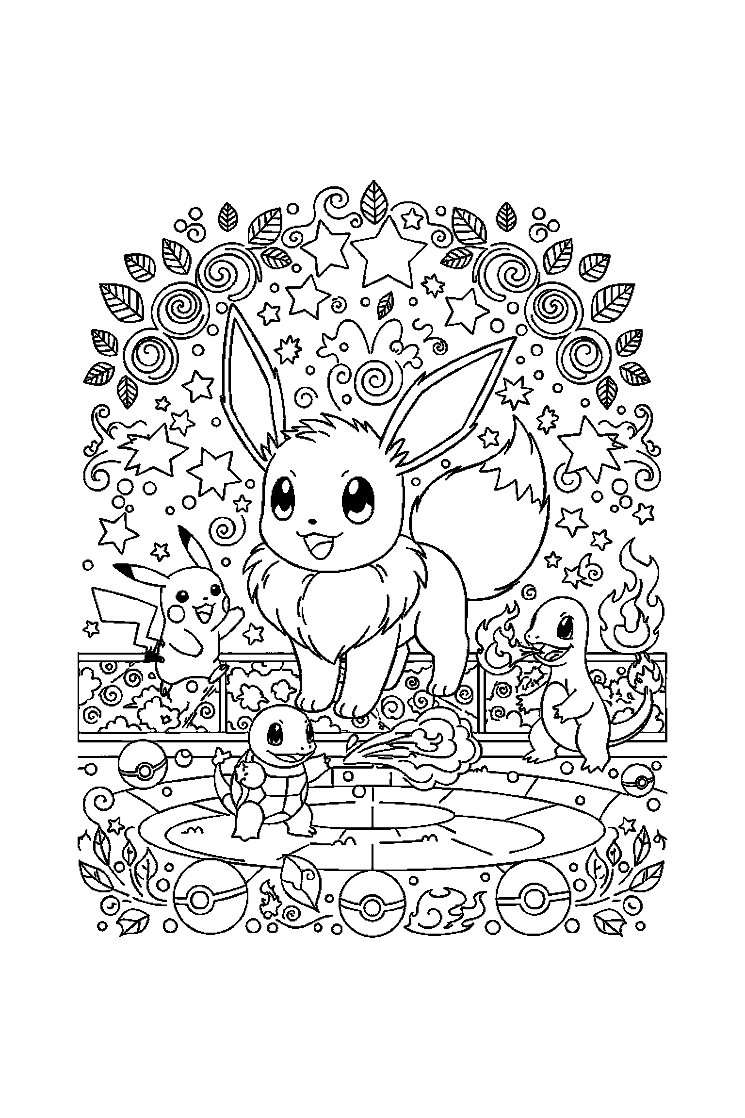 Coloriage Pokémon gratuit à imprimer : Évoli au centre avec scène détaillée de une arène