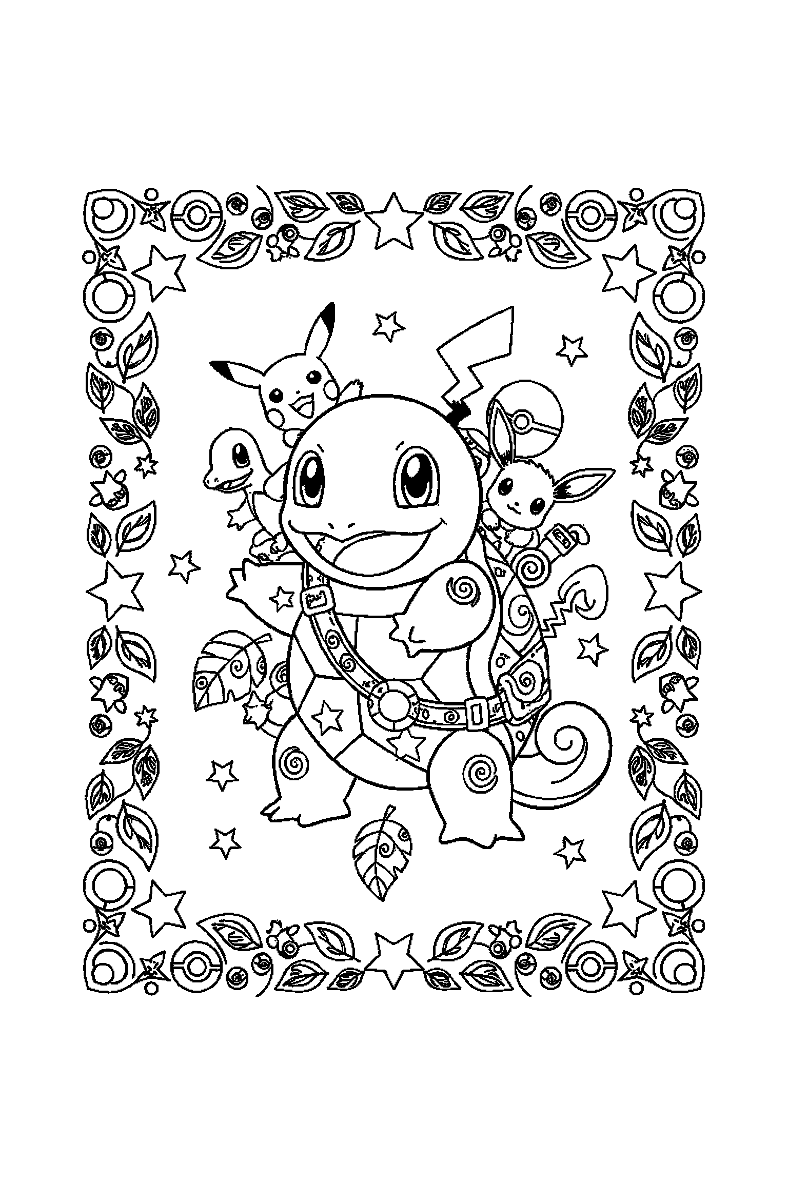 Coloriage Pokémon gratuit à imprimer : scène verticale détaillée avec Carapuce et un sac d'aventure