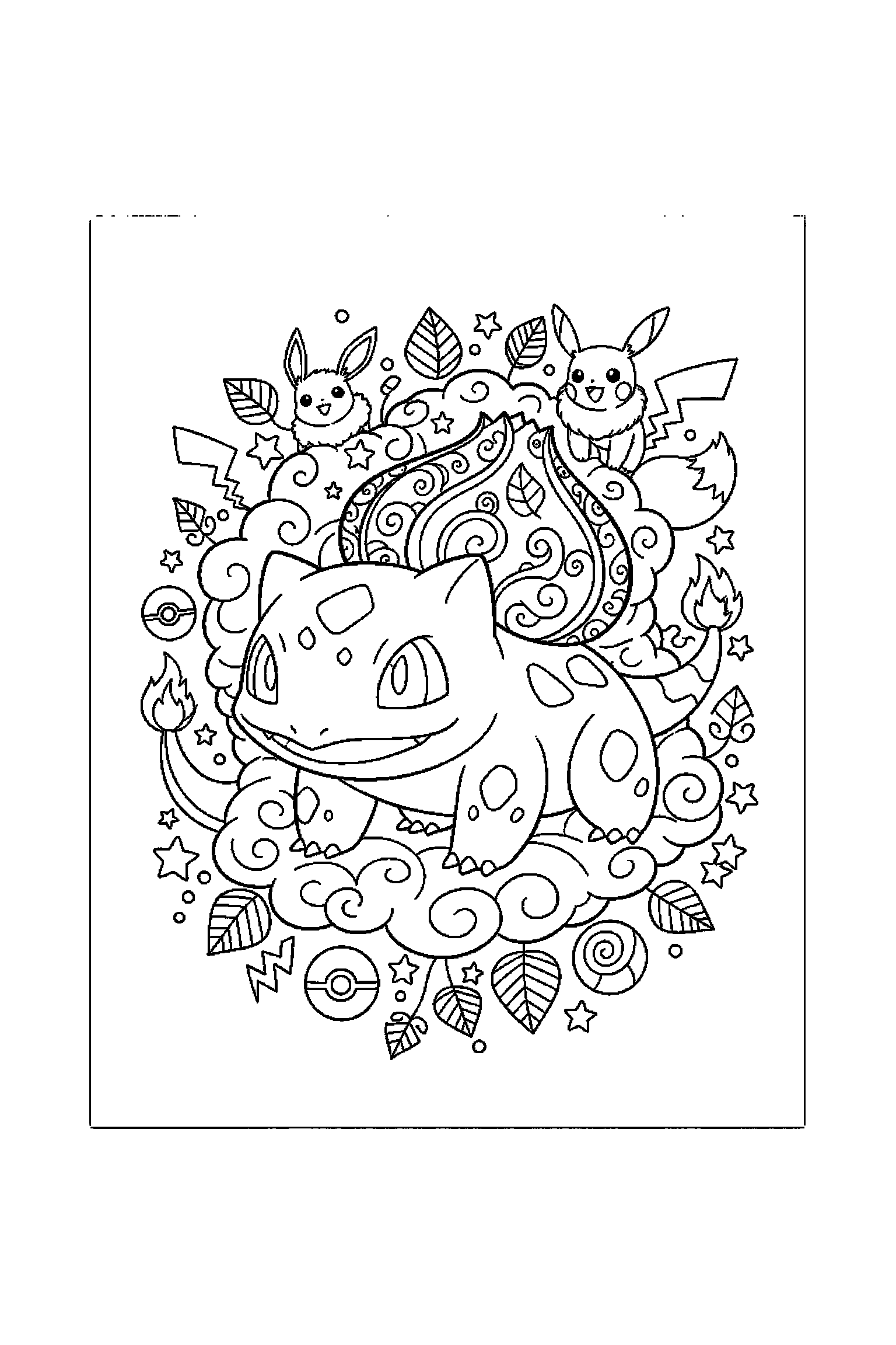 Coloriage Pokémon gratuit à imprimer : grand coloriage détaillé de Bulbizarre avec nuages