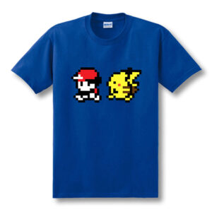 T-shirt Pokémon pixel bleu Sacha et Pikachu avec équivalences de tailles