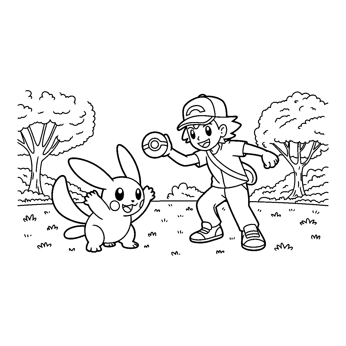 Coloriage Pokémon gratuit à imprimer : Pikachu avec une Poké Ball