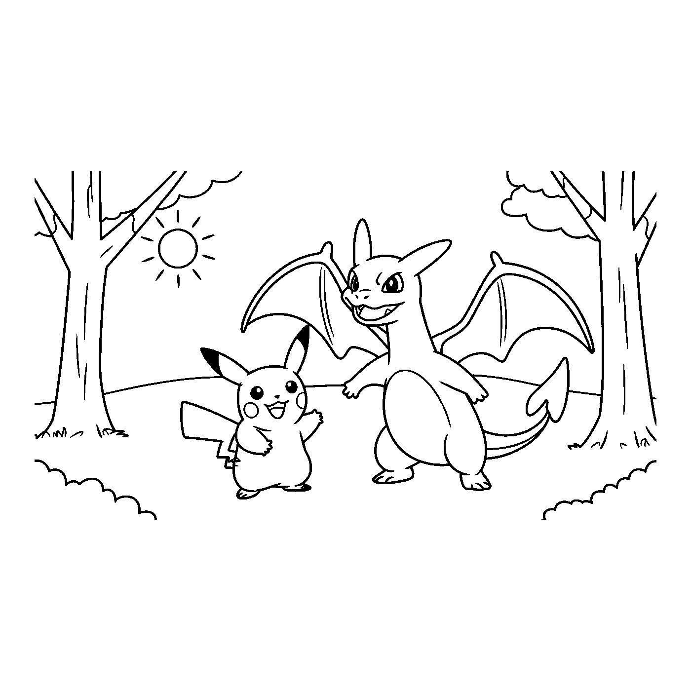 Coloriage Pokémon gratuit à imprimer : Pikachu devant une arène